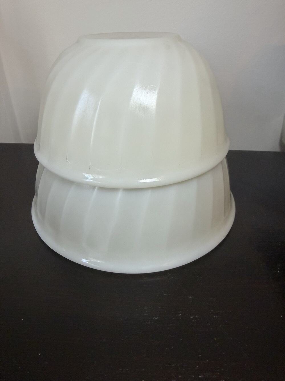 2 Vintage 1950's Anchor Hocking Fire King White Milk Glass Swirl Mixing Bowls